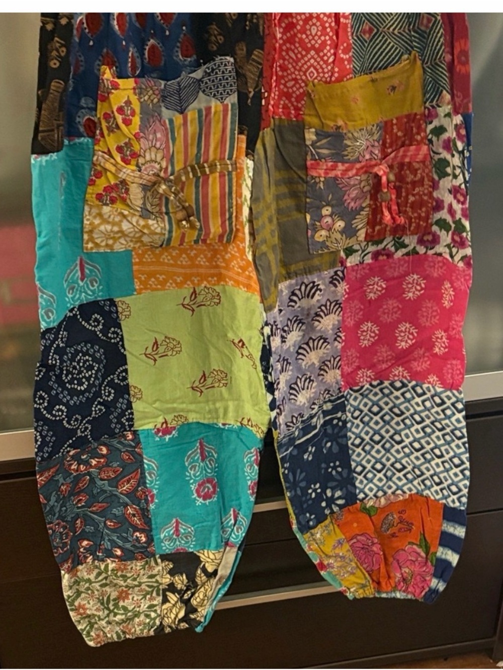 Boho patchwork pants jogger pockets cotton OS free size Jessica Taylor s m l - Picture 9 of 10